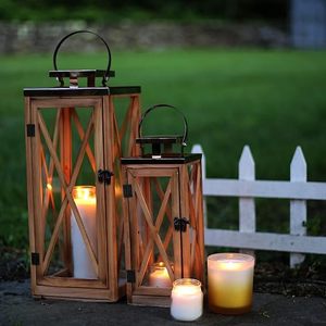 Set of 2 Natural Wood Lantern Candle Holders Decorative Hanging Lanterns Farmhouse Table Centerpiece Home Decor - Product Image 5