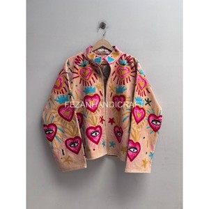 Women's Embroidered Fleece <b>Jacket</b> With Heart Eye <b>Pattern</b> Stand Collar Zipper Closure Autumn Wear - Product Image 3