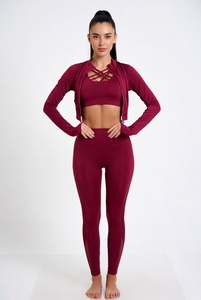Women's Yoga Fitness 3-Piece Sport Set Solid Front Custom High Waist Quick Dry Comfortable <b>Leggings</b> & Crop Top - Product Image 3