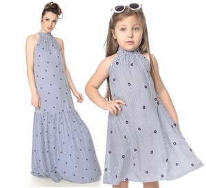 Summer Wear Floral Mum & Me <b>Matching</b> Blue & White Sleeveless Striped <b>Long</b> Maxi Dress Set Crafted With Soft Cotton Fabric - Product Image 1