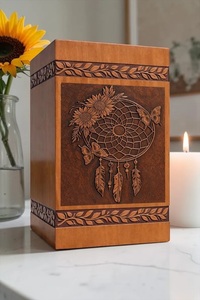 Engraved American Style Dreamcatcher Sunflower Butterfly <b>Memorial</b> Cremation Urn <b>Box</b> Eco-Friendly Durable Wooden Keepsake - Product Image 5
