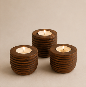 Handcrafted Ribbed Sheesham Wood <b>Tea</b> <b>Light</b> Candle Holder Set For Home Decor Decorative Round Wooden Votive Stand For Festive - Product Image 1