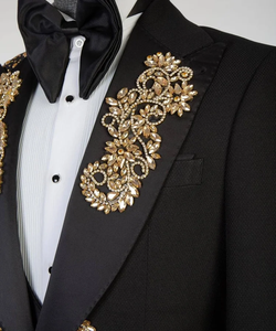 Costume de mariage noir et or brodé pour homme, blazer de créateur ajusté pour le marié avec broderie florale faite à la main pour réceptions et soirées - Product Image 5