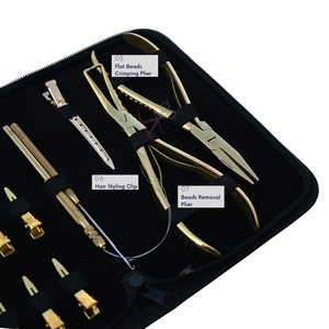 Gold Stylist Hair Extension tools Kit with 7 Inch Flat Bead <b>Crimping</b> Plier Microlink Removal Tool Hook Loop Parting Finger Ring - Product Image 4