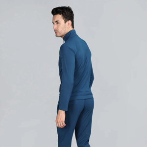 Ensemble de survêtement bleu uni pour homme avec col montant et poches latérales, tenue décontractée pour l'automne - Product Image 4