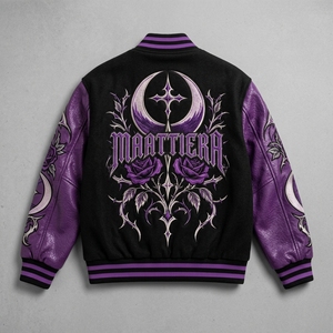 <b>Men</b> Black Purple Leather Sleeve <b>Jacket</b> Custom Rose Embroidery <b>Gothic</b> Floral Streetwear Snap Button Bomber - Product Image 3