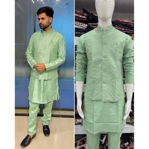 PANTALÓN KURTA DE DISEÑADOR BANGLORI SEDA PARA HOMBRE CON BORDADO SECUENCIA TRABAJO KOTI LORO VERDE - Product Image 1