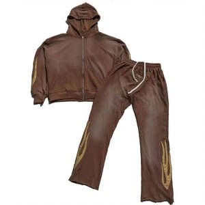 Ensemble de survêtement délavé à fermeture éclair intégrale pour hommes, haute qualité, avec sweat à capuche et pantalon de jogging, logo personnalisé, coupe oversize, effet délavé à l'acide - Product Image 1