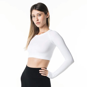 Women's White Long Sleeve Crop <b>Top</b> Crew Neck Minimalist Solid Knit Pullover Full Sleeve Soft Spandex Polyester All Seasons - Product Image 4