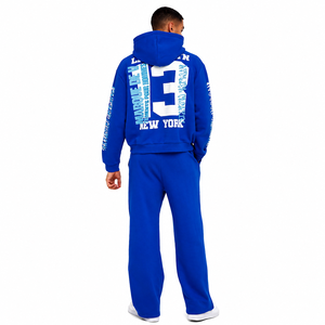 Conjunto de chándal azul con capucha, de largo completo, corte holgado, estilo urbano, sudadera y pantalones de algodón con estampado de letras blancas y cierre con cordón. - Product Image 2