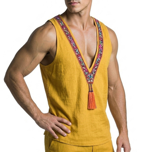 Wholesale Price Men's Ethnic Embroidered Tank Top Deep V Neck Sleeveless Muscle <b>Shirt</b> Tassel <b>Boho</b> Chic Summer Tank Tops For Men - Product Image 1