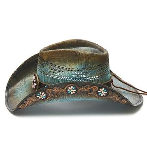Unisex Cowboy <b>Hat</b> Hand Embroidered Floral Design Adjustable Band Outdoor Spring <b>Summer</b> Casual Style 56-58CM - Product Image 1