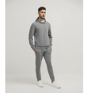 Survêtement gris à capuche pour homme, couleur unie, coupe décontractée, 100 % coton, coupe régulière avec poches latérales, taille élastique - Product Image 2