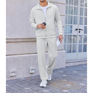 Men's <b>White</b> Knitted <b>Tracksuit</b> Set Solid Color Casual Wear Breathable Polyester Fabric Stand Collar Spring Style - Product Image 1