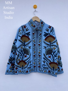 Chaqueta de Algodón Suzani Azul Claro de Lujo Hecha a Mano, Estilo Kimono Casual con Frente Abierto, Cardigan, Abrigo Artístico - Product Image 2