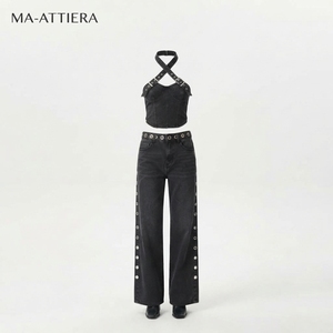 Women Black Denim Halter <b>Crop</b> <b>Top</b> And Cargo Pants Set Eyelet Strap Detail Two Piece Streetwear Outfit - Product Image 4