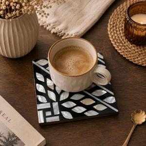 Sous-verre carré en nacre avec motif feuille incrusté, absorbant, écologique, design classique, pour boissons - Product Image 6