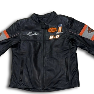 Chaqueta de cuero de vaca vintage negra H-D Screaming Eagle para hombre, estilo motero, de alto volumen, para motocicleta, con cuello alto, para calle - Product Image 1