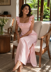 Women's Bohemian Collarless Woven Fabric Maxi <b>Dress</b> Sleeveless High Waist Pockets <b>Ruffles</b> Leisure Beach Summer Loose Fit - Product Image 5