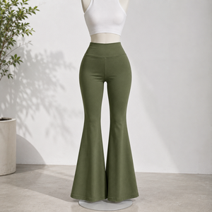 Women Green Mid Waist Flare <b>Pants</b> Full Length Terry Knitted Lace Casual Solid Color Elastic Waist Regular Fit Autumn Wear - Product Image 4