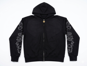 Sweat-shirt à capuche zippé noir brodé pour homme, coupe ample, manches régulières, streetwear, 100% coton, été - Product Image 2