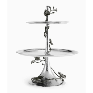 2-<b>Tier</b> Metal <b>Cake</b> Stand Gold Silver Leaf Design Decorative Wedding Party Dessert Server Etagere Unique Hammered Finish Aluminum - Product Image 3