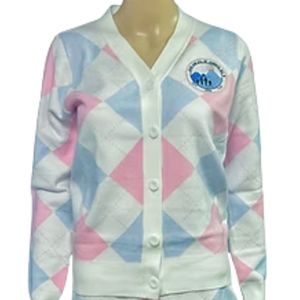 Women’s Pastel Pink Blue White Argyle Knit Cardigan and Pencil <b>Skirt</b> Set V Neck Button Front <b>Long</b> Sleeve Two Piece Outfit - Product Image 2