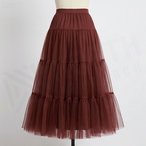 Women's Burgundy Tulle <b>Skirt</b> <b>Elastic</b> <b>Waist</b> A-Line Knee-Length Ruffles Pleated Solid Color Organza Chiffon Dressing <b>Skirt</b> - Product Image 2