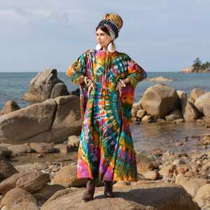 Robe Kimono de Soirée Pailletée à Manches Longues avec Broderie Main, Volants et Dentelle, en Viscose/Coton, Style Bandeau, Col en V Profond, 1 Pièce - Product Image 1