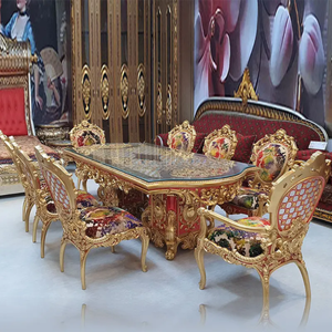 Ensemble de table à manger de style baroque européen de luxe en acajou massif avec accents dorés et bleus, table rectangulaire classique avec buffet - Product Image 4