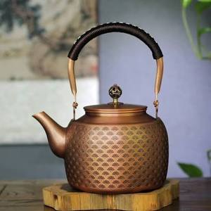 Traditional Chinese Metal Tea Kettle With <b>Lid</b> And Handle Bronze Patterned Design - Product Image 1