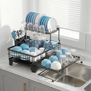 Égouttoir à vaisselle double niveau en métal avec conception détachable pour rangement sous évier de cuisine, support moderne sur pied pour assiettes et bols - Product Image 1
