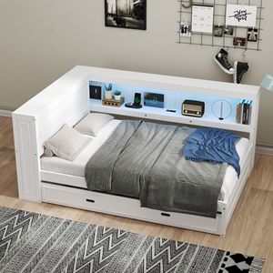 Divano letto matrimoniale bianco in legno con ripiani contenitore e letto estraibile con LED e USB - Product Image 1
