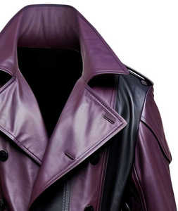 Men's <b>Purple</b> Black Genuine Leather <b>Trench</b> <b>Coat</b> Double Breasted Belted Knee Length Overcoat Notched Lapel Regular Sleeve - Product Image 3