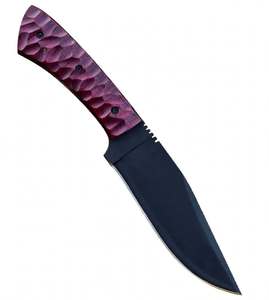Couteau d'extérieur artisanal sur mesure, revêtement noir, manche en bois texturé violet, lame pleine longueur - Product Image 4