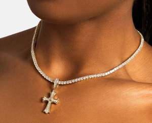 Luxury 18K Gold Filled Moissanite Cross Pendant Necklace Round Brilliant Cut <b>Snake</b> <b>Chain</b> Women's Christian Everyday Wear - Product Image 3