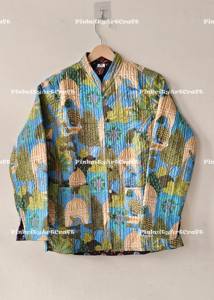 Chaqueta de Algodón Acolchada con Estampado Animal Tropical, Reversible, Estilo Boho Kimono, Mangas Farol, Hecha a Mano con Estampado de Bloques, Talla Estándar - Product Image 2