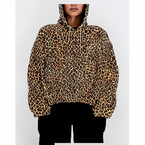 Technical Outdoor Oversized Hoodie-100% Cotton <b>Y2K</b> Terry Leopard Print Crop Pullover - Product Image 3