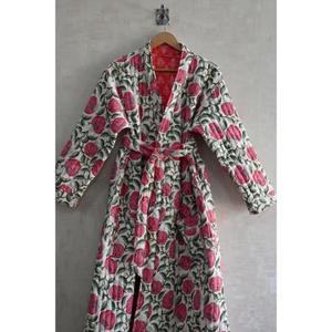 Bata Kimono de Algodón con Estampado Floral, Cuello en V, Cierre con Cordón, Bata Larga para Mujer, Hecha a Mano en India, Estilo Boho, Ligera - Product Image 4