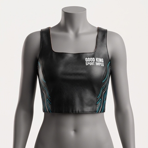 <b>Black</b> Leather <b>Crop</b> <b>Top</b> <b>Womens</b> Square Neck Sleeveless Turquoise Futuristic Line Print Side Panel Tank Vest 3D Puff Logo Wholesale - Product Image 1
