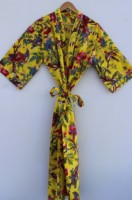 Robe kimono pour femme à imprimé floral jaune et oiseaux, col en V, manches longues, fermeture en dentelle, séchage rapide, respirante, écologique, été