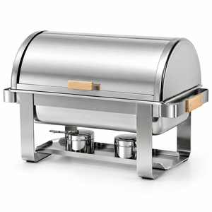 Stainless Steel <b>Roll</b> Top Chafing Dish Buffet Food Warmer with Wooden Handle - Product Image 2
