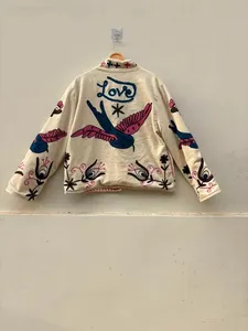 Chaqueta Acolchada de Algodón Crema Hecha a Mano para Mujer, Elegante Cuello Mao, Mangas Largas, Estilo Abierto - Product Image 3
