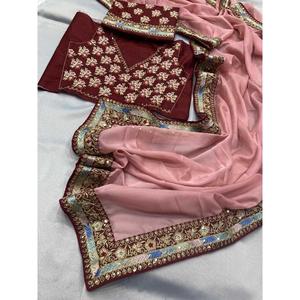 DESIGNER TABBY <b>ORGANZA</b> <b>SILK</b> EMBROIDERY SEQUENCE WORK LACE BORDER SAREE WITH UNSTTICHED BLOUSE - Product Image 2