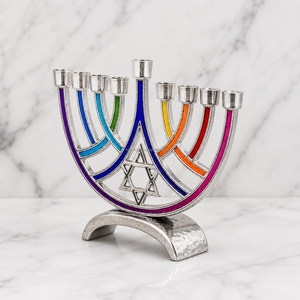 Metal Hanukkah Menorah 9 Branch Candlestick Holder Polished Finish Multicolored Tabletop Hanukkah <b>Decor</b> - Product Image 2