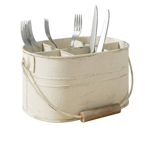 Porta utensilios rústico de metal galvanizado con asa de madera, 4 compartimentos, organizador portátil de cubiertos para cocina - Product Image 3