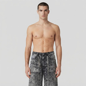 Shorts en jean personnalisés avec strass pour hommes, délavés à l'acide, style streetwear, longueur genou, coupe ample - Product Image 3