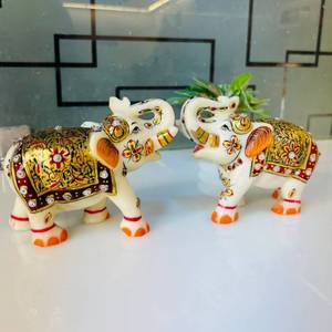 Handmade Painted Stone <b>Elephant</b> Figurine Pair Feng Shui Home <b>Decoration</b> White Gold Orange <b>Decorative</b> Statues - Product Image 1