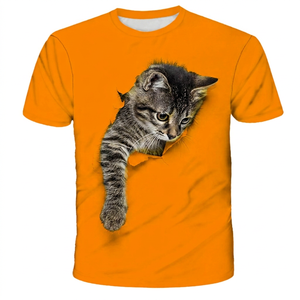 Yellow <b>Men's</b> T-Shirt With 3D Kitten Print Short Sleeve O-Neck Casual Cotton Jersey Regular Fit Photo Pattern Digital Print - Product Image 5
