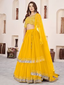 Yellow Lehenga Choli Set Soft Georgette Chiffon Woven <b>Silver</b> Sequin Lace Border Flowy Skirt and Blouse for Wedding - Product Image 2